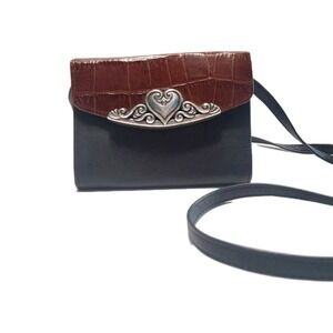 Brighton Black Brown Croc Embossed Leather Heart Crossbody Bag Wallet Purse VTG